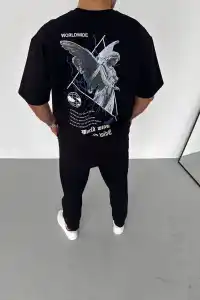 Erkek Baskılı T-Shirt Kısa Kol Bisiklet Yaka Regular Fit Rahat Kalıp Günlük Tişört - Siyah