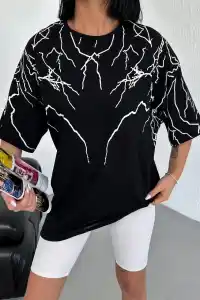 Kadın Yıldırım şimşek Baskılı T-Shirt Kısa Kol Bisiklet Yaka Oversize Tişört - Siyah