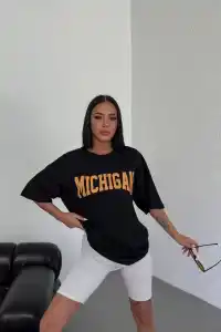 Kadın Baskılı T-Shirt Kısa Kol Bisiklet Yaka Oversize Tişört - Siyah