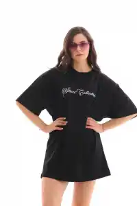 Kadın Baskılı T-Shirt Kısa Kol Bisiklet Yaka Oversize Rahat Kalıp Günlük Tişört - Siyah