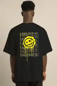 Erkek Kısa Kol Yazlık Tişört Bisiklet Yaka Baskılı Oversize T-Shirt - Siyah