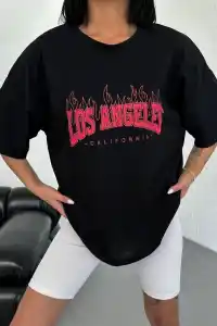 Kadın Kısa Kol Yazlık Tişört Bisiklet Yaka Los Angeles Baskılı T-Shirt - Siyah