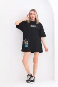 kadın  Bisiklet Yaka Baskılı Oversize T-Shirt - Siyah