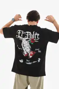 Erkek Kısa Kol Yazlık Tişört Bisiklet Yaka Baskılı Oversize T-Shirt - Siyah