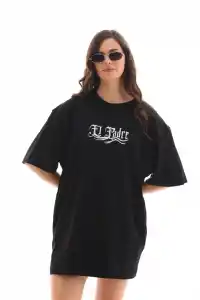 Kadın Kısa Kol Yazlık Tişört Bisiklet Yaka Baskılı Oversize T-Shirt - Siyah