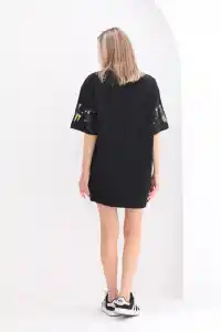 Kadın Kısa Kol Yazlık Tişört Bisiklet Yaka Baskılı Oversize T-Shirt - Siyah