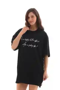 Kadın Kısa Kol Yazlık Tişört Bisiklet Yaka Baskılı Oversize T-Shirt - Siyah