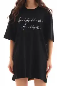 Kadın Kısa Kol Yazlık Tişört Bisiklet Yaka Baskılı Oversize T-Shirt - Siyah