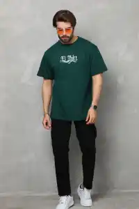 Erkek Kısa Kol Yazlık Tişört Bisiklet Yaka Baskılı Oversize T-Shirt - Yeşil