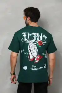 Erkek Kısa Kol Yazlık Tişört Bisiklet Yaka Baskılı Oversize T-Shirt - Yeşil