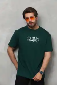 Erkek Kısa Kol Yazlık Tişört Bisiklet Yaka Baskılı Oversize T-Shirt - Yeşil
