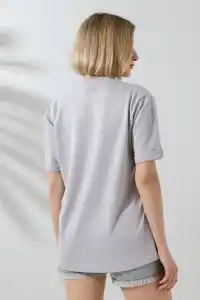 Kadın Bisiklet Yaka Baskılı Slim Fit T-Shirt - Boyalı Gri