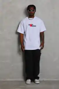 Erkek Kısa Kol Yazlık Tişört Bisiklet Yaka Baskılı Oversize T-Shirt - Beyaz
