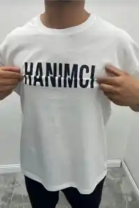 Erkek Tişört Kısa Kol Bisiklet Yaka Katlanan HANIMCI Baskılı T-Shirt - Beyaz