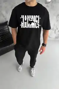 Erkek Tişört Kısa Kol Bisiklet Yaka Katlanan HANIMCI Baskılı T-Shirt - Siyah