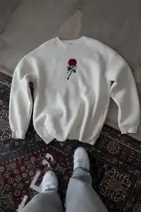 ERKEK 3 iplik Pamuklu Bisiklet Yaka Ön Ve Arka Baskılı SweatShirt -  Beyaz