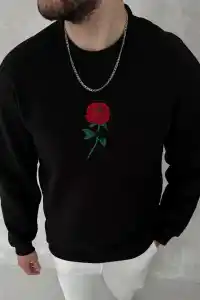 ERKEK 3 iplik Pamuklu Bisiklet Yaka Ön Ve Arka Baskılı SweatShirt - Siyah