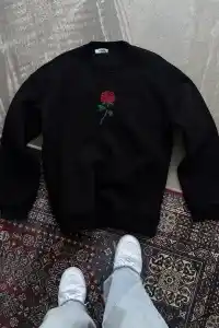 ERKEK 3 iplik Pamuklu Bisiklet Yaka Ön Ve Arka Baskılı SweatShirt - Siyah