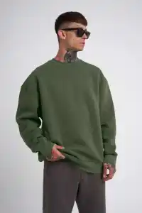 ERKEK Bisikilet Yaka 3 İplik Pamuklu SweatShirt - Haki