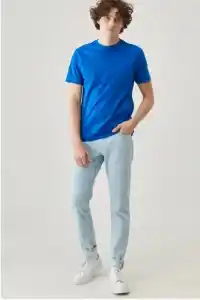 ERKEK Tişört Kısa Kol Düz Bisikilet Yaka Oversize T-shirt - Mavi