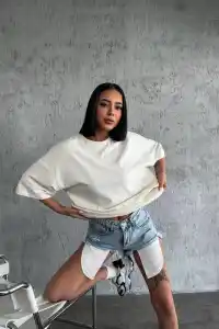 Kadın Düz T-Shirt Kısa Kol Bisiklet Yaka Oversize Rahat Kalıp Günlük Tişört - Beyaz