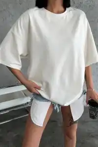 Kadın Düz T-Shirt Kısa Kol Bisiklet Yaka Oversize Rahat Kalıp Günlük Tişört - Beyaz