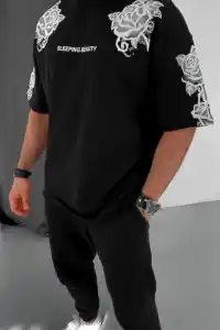 Erkek Kısa Kol Yazlık Tişört Bisiklet Yaka Baskılı Oversize T-Shirt - Siyah