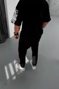 Erkek Kısa Kol Yazlık Tişört Bisiklet Yaka Baskılı Oversize T-Shirt - Siyah