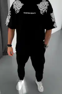 Erkek Kısa Kol Yazlık Tişört Bisiklet Yaka Baskılı Oversize T-Shirt - Siyah