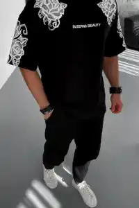 Erkek Kısa Kol Yazlık Tişört Bisiklet Yaka Baskılı Oversize T-Shirt - Siyah