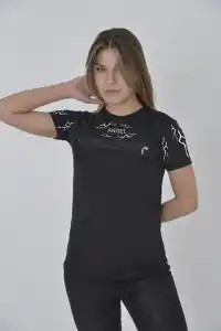 Kadın Baskılı T-Shirt Kısa Kol Bisiklet Yaka Göğüs Fermuarlı Tişört - Siyah