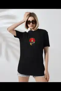 Kadın Bisiklet Yaka Baskılı  kısa kol T-Shirt - Siyah