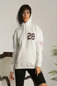Kadın Oversize Kapüşonlu Cepli Baskılı 3 İplik Pamuklu Hoodie Sweatshirt - Beyaz