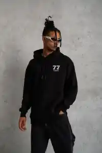 Erkek 3 İplik Pamuklu Kapüşonlu Baskılı Cepli Oversize Sweatshirt Hoodie - Siyah