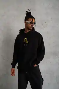 Erkek 3 İplik Pamuklu Kapüşonlu Baskılı Cepli Oversize Sweatshirt Hoodie - Siyah