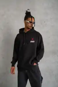 Erkek 3 İplik Pamuklu Kapüşonlu Baskılı Cepli Oversize Sweatshirt Hoodie - Siyah