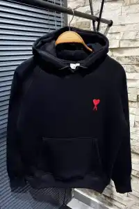 Kadın Oversize Kapüşonlu Cepli KALP Baskılı 3 İplik Pamuklu Hoodie Sweatshirt - Siyah