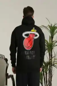 Erkek 3 İplik Pamuklu Kapüşonlu Baskılı Cepli Oversize Sweatshirt Hoodie - Siyah
