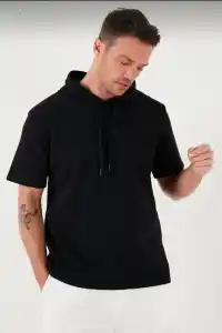 Erkek Kapüşonlu Tişört Kısa Kol Düz Oversize T-shirt - Siyah