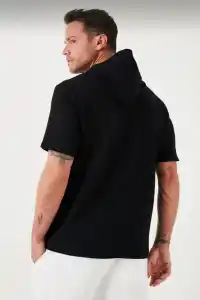 Erkek Kapüşonlu Tişört Kısa Kol Düz Oversize T-shirt - Siyah