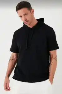 Erkek Kapüşonlu Tişört Kısa Kol Düz Oversize T-shirt - Siyah
