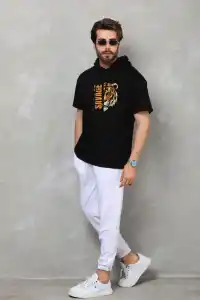Erkek Kapüşonlu Kısa Kol Oversize Baskılı T-Shirt - Siyah