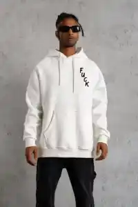 Erkek 3 İplik Pamuklu Kapüşonlu Baskılı Cepli Oversize Sweatshirt Hoodie - Beyaz