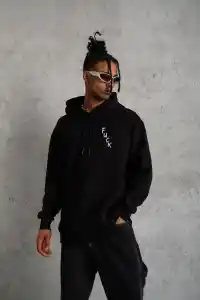Erkek 3 İplik Pamuklu Kapüşonlu Baskılı Cepli Oversize Sweatshirt Hoodie - Siyah