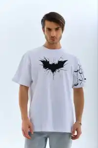 ERKEK Bisiklet yaka tişort Ön ve Kol YARASA Baskılı T-shirt - Beyaz