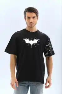 ERKEK Bisiklet yaka tişort Ön ve Kol YARASA Baskılı T-shirt - Siyah