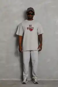 Erkek Kısa Kol Yazlık Tişört Bisiklet Yaka Baskılı Oversize T-Shirt - Gri