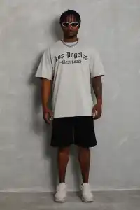 Erkek Baskılı Tişört Kısa Kol Bisiklet Yaka Oversize T-Shirt - Gri