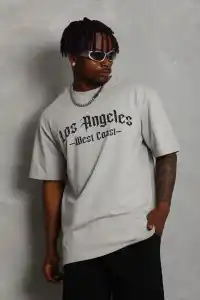 Erkek Baskılı Tişört Kısa Kol Bisiklet Yaka Oversize T-Shirt - Gri