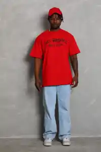 Erkek Baskılı Tişört Kısa Kol Bisiklet Yaka Oversize T-Shirt - Kırmızı